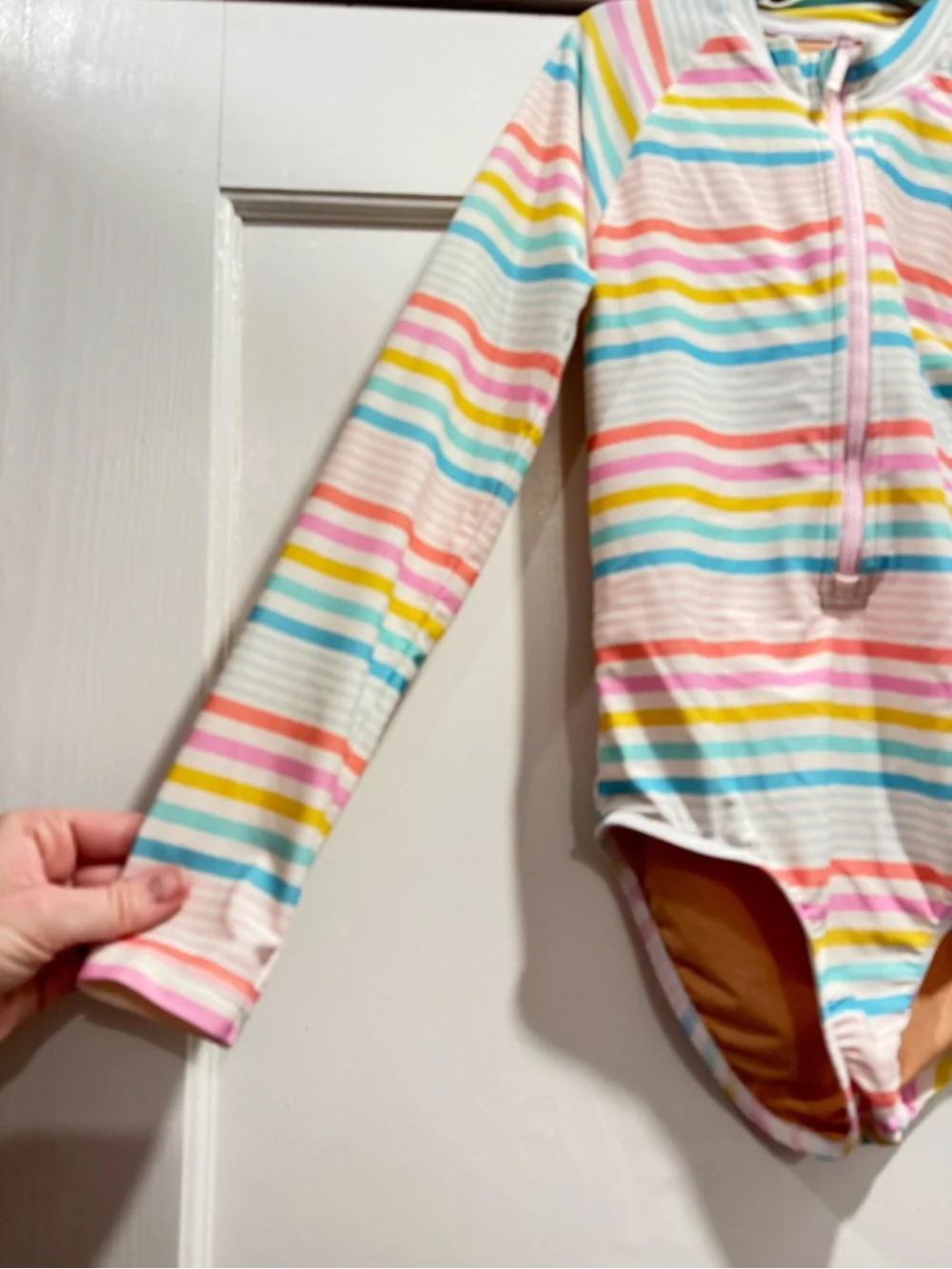 J. Crew Girls' striped rash guard swimsuit 10 Rainbow Summer Vacation Beach